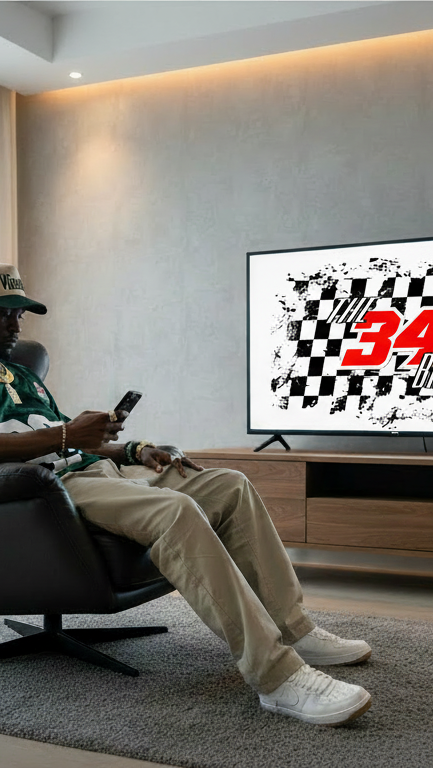Man sitting in a modern living room watching TV with a checkered flag graphic.